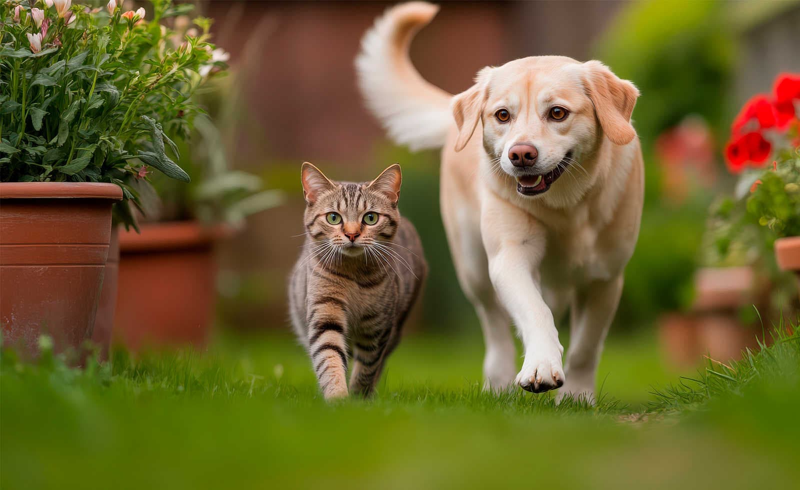 Perro y gato en un jardín